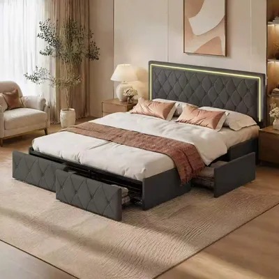 Zdjęcie produktu dla Łóżko tapicerowane INONEFT, 140x200 cm, łóżko młodzieżowe z oświetleniem LED, pojedyncze łóżko z regulowanym zagłówkiem i 4 szufladami do przechowywania, kolor: szary (PU)