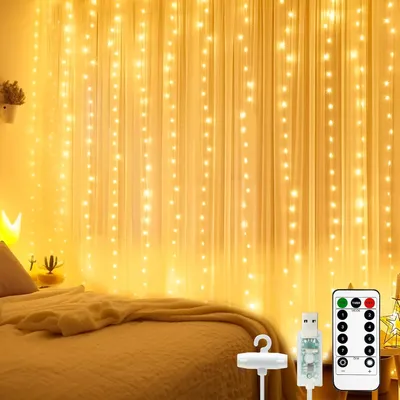 Productafbeelding van Btfarm Lichtgordijn - 3 x 3 m - 300 LED lichtsnoer - Gordijn voor binnen met afstandsbediening - 8 modi - Timer - USB