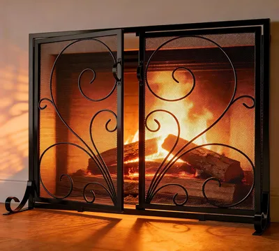 Productafbeelding van Plat Haardscherm - Vonkbeschermer Deuren - Haard Beschermen - Massief Smeedijzer - 96 x 78 cm - Zwart