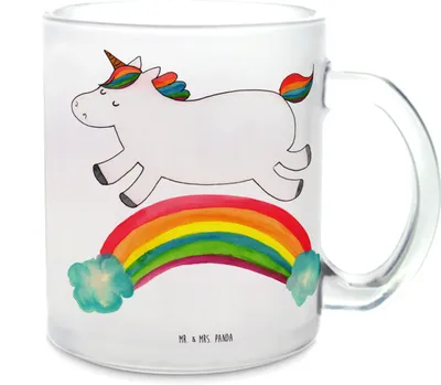 Produktbild von Mr. & Mrs. Panda Teetasse Einhorn Regenbogen - Transparent - Geschenk, Erwachsenwerden, Unicorn, Glitzer, Trinkglas, aus Glas, Haferl, Einhornpower, Tee Tasse, Häferl