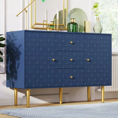 Produktbild von Flieks komoda z szufladami Kredens w rybią łuskę z 3 szufladami i 2 drzwiczkami Regulowana półka 120*40*82cm Granatowy