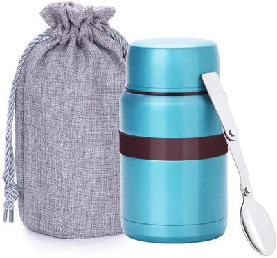 Produktbild von Thermobehälter 500ml, Edelstahl Thermo Speisebehälter mit Löffel und Warmhaltebox, Auslaufsicher Lebensmittelflasche, Vakuum Isoliert Speisegefäß, Halten Sie Essen Warm & Kalt, Blau