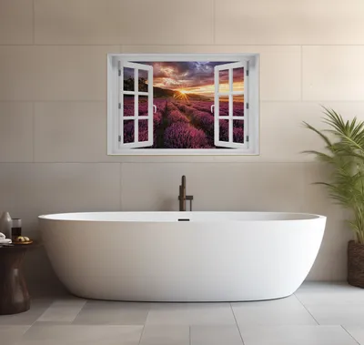 Produktbild von Wallario wasserfestes Poster selbstklebend 91,50 x 61 cm, Lavendelfeld bei Sonnenuntergang - Sonnenstrahlen, Badezimmerposter Spritzschutz mit Hochglanzoberfläche in Glasoptik