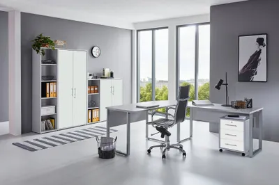 Produktbild von BMG Möbel Homeoffice Büromöbel Komplettset Office Edition Set 4 in lichtgrau / weiß matt  Germany