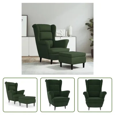 Image de The Living Store Fauteuil à oreilles avec pouf Vert foncé velours