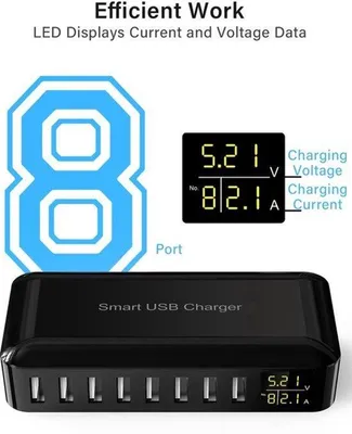 Productafbeelding van USB-oplader, meervoudig 8-poorts laadstation, meerdere apparaten met led-scherm, voeding voor iPhone 15/14/13/Pro/Max/Plus iPad, Samsung Galaxy S23, S22 Pixels, Huawei-zwart