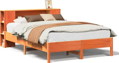 Produktbild von vidaXL Massivholzbett mit Regal ohne Matratze Wachsbraun 140x190 cm