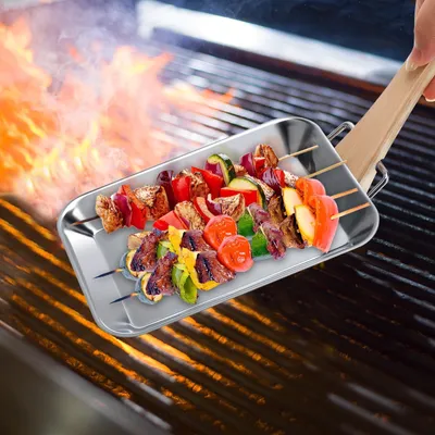 Produktbild von Grillschale Grillpfanne Grillkorb - Edelstahl - 2er Set - Mit Holzgriffen - 7-teilig