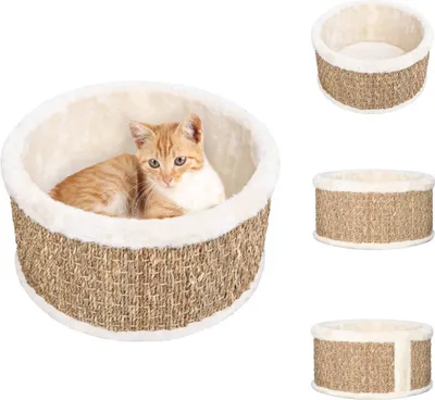 A cat is resting in a round cat bed. The bed is made of woven seagrass with a soft, cream-colored lining. The image also shows two additional views of the empty cat bed.