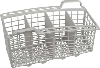 A gray plastic dishwasher cutlery basket with compartments.