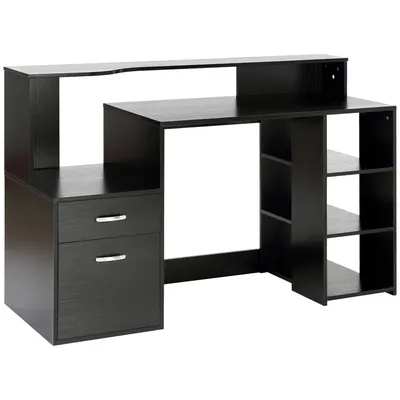 Image de HOMCOM Bureau informatique avec 2 tiroirs, bureau avec rangement, 137 x 55 x 92 cm, étagères ouvertes et tablette d'imprimante, style moderne, table d'ordinateur pour chambre, studio, noir