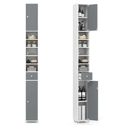 Produktbild von COSTWAY Badschrank, Hochschrank, Badezimmerschrank mit 2 Türen, 1 Schublade & Regalen, Badregal, 20x20x180cm, Weiß+Grau