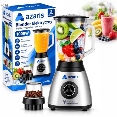 Zdjęcie produktu dla Blender Kielichowy Azaris 1000W 1,5L 2W1 Młynek Kruszenie Lodu Smoothie Raf