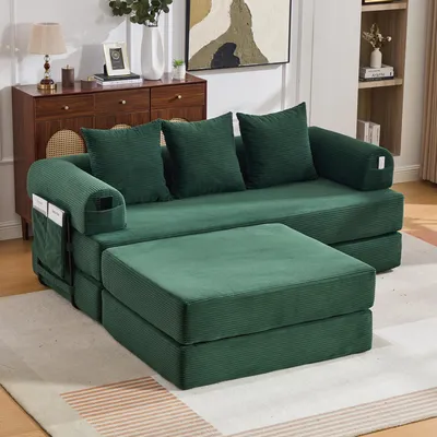 Produktbild von MODFU Modulares Sofa 3‑Sitzer mit Seitentasche und 3 bequemen Kissen Schlafsofa Wohnzimmersofa mit Hocker Loungesofa Wohnzimmersofa mit stabilem Metallrahmen Smaragdgrün