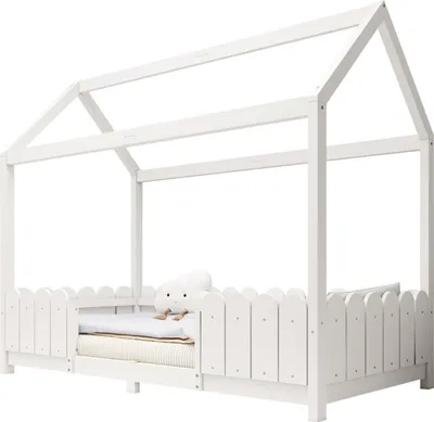 Produktbild von Hausbett(Weiß)90x200 cm - vielseitiges Holz Kinderbett für Jungen & Mädchen - Mit Rausfallschutz und Lattenrost-(Ohne Matratze)
