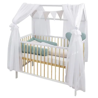 Produktbild von Baby-Delux Hausbett Kinderbett Gitterbett Weiß Natur 60x120 Beißschienen Schutzgitter Matratze Bett Set Waffelpique Teddy Beige Mint Chiffonhimmel
