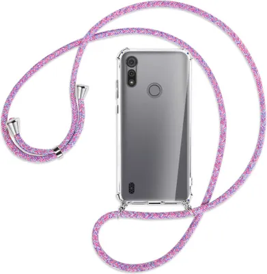 Produktbild von Handykette Backcover-Schutzhülle mit Band (Metall silberfarben) für Motorola Moto E6s - lila/rosa/blau