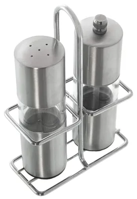 Image de Ensemble de pots à sel et à poivre en acier inoxydable et en acrylique, avec support, en acier