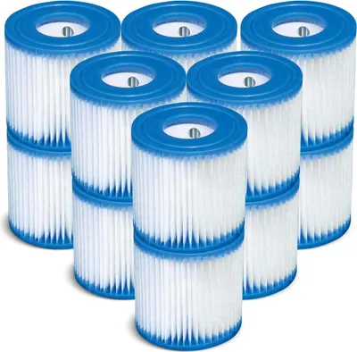 A group of spa filters are arranged in a pyramid formation against a white background.