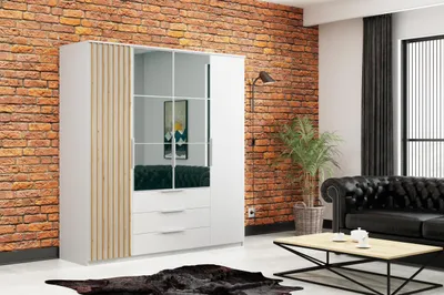 Produktbild von Kleiderschrank SORENTO 200 cm 4-türig 3 Schubladen Lamellen Spiegel Weiß Eiche Craft