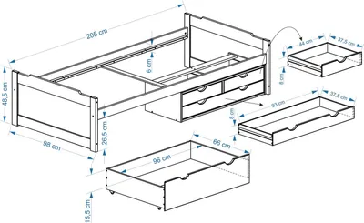 Produktbild von Bett mit Stauraum ANDREA weiss/rosa 90x200 cm (B x L) 4 Schubladen Kiefer massiv, Tagesbett Gästebett Jugendbett Kinderbett