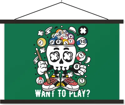 Produktbild von MuchoWow® Textilposter Billard - Totenkopf - Vintage 90x60 cm mit schwarzem Rahmen - Aufhängungssatz