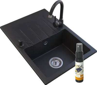 Immagine prodotto di Lavello Granitan | ZLEW - 647 x 450 mm - Nero marmorizzato - Lavello da incasso con miscelatore e sgocciolatoio