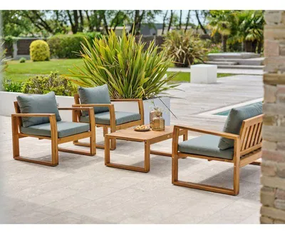 Image de Salon de Jardin Acacia 4 Places Aracaju, Olive, Table Basse, Canapé 2 Places, Fauteuils, Coussins Vert Olive