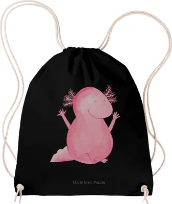 Produktbild von Mr. & Mrs. Panda Jutebeutel Axolotl Hurra - Schwarz - Geschenk, Gymbag, sporttasche klein, Fröhlich, Freude, Beutel, wander rucksack, Stoffbeutel, Lurche