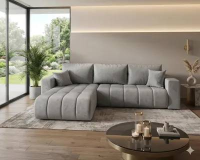 Image de Canapé d’angle LARA PREMIUM gauche gris clair velours Monolith 84 - fonction couchage, coffre de rangement pour la literie