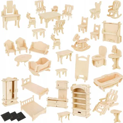 Produktbild von Kompletter Satz Holzmöbel für Puppen 34 Stück, mit beweglichen Elementen, Puppenhausmöbel