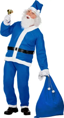 A man dressed as Santa Claus in a blue costume, holding a bell and a gift bag.