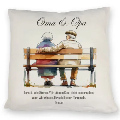 Produktbild von Dekokissen mit Spruch für Oma & Opa, Motiv auf Bank, 40x40cm, waschbar