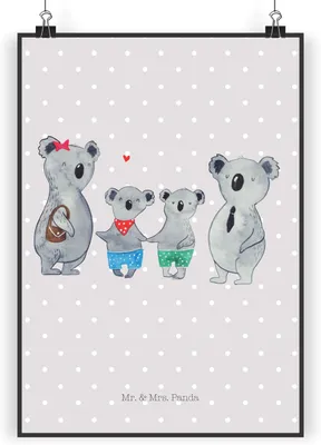 Produktbild von Mr. & Mrs. Panda Bild Koala Familie zwei DIN A4 - Grau Pastell - Geschenk, Koalabär, wanddeko, drucke, Plakat, kunstdruck poster, Wandbild, Muttertag, Zusammen