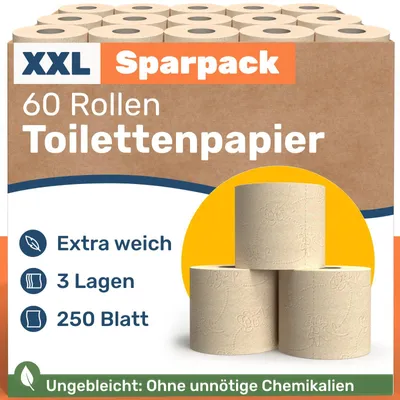 Produktbild von 60 Rollen Toilettenpapier 3-lagig – 250 Blatt pro Rolle -  – Vorratspackung