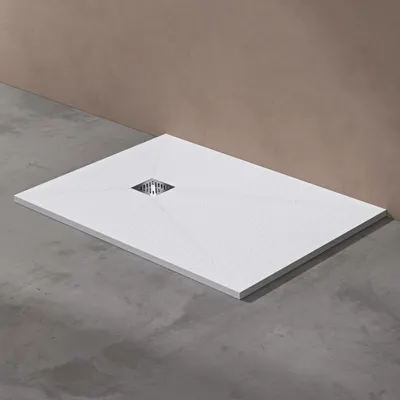 Produktbild von doporro Duschwanne Duschtasse 90x120x3cm aus Mineralguss in Weiß Rechteckig DIN-Anschlüsse für bodenebene Montage geeignet inkl. Ablaufgarnitur06 geoma09
