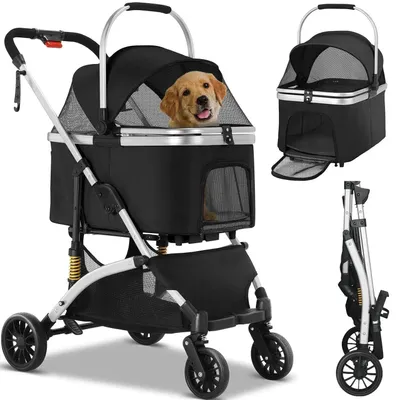 Immagine prodotto di Carrozzina per cani - 2-in-1 - Adatta per animali domestici - Pieghevole - Con trasportino rimovibile e seggiolino auto