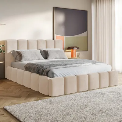 Produktbild von MOTIVENA Nunu Bubble Polsterbett 140x200 mit Bettkasten, Metall Latenrost, Bubble Bett 140x200 Beige Samt (Amor 04)