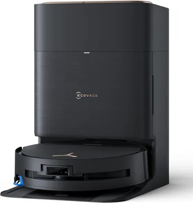 A black robot vacuum cleaner with its docking station, presented against a white background.