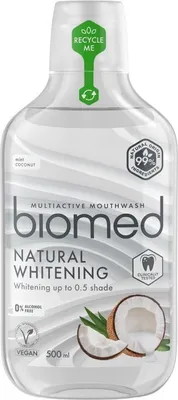 A bottle of Biomed Natural Whitening Mouthwash with coconut and mint flavor.