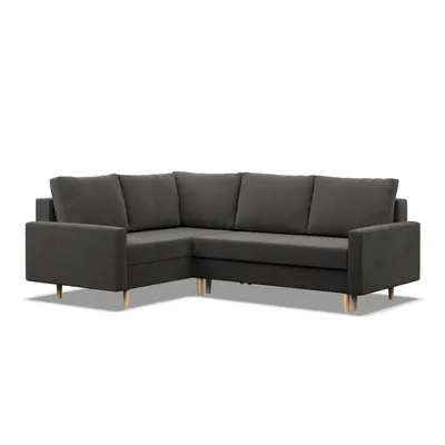 A dark gray sectional sofa with wooden legs, shown from a front-side angle against a white background.