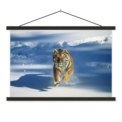 Produktbild von MuchoWow® Textilposter Tiger - Schnee - Lauf 120x80 cm mit schwarzem Rahmen - Wanddeko