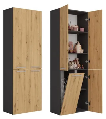 A tall, narrow cabinet with two sets of doors, one set open to reveal shelves with various items. The cabinet has a dark gray exterior and wood-effect doors and shelves.