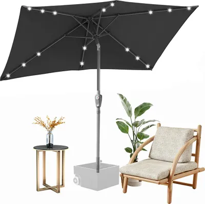 Produktbild von Izrielar 140x210m Sonnenschirm UV50+ Neigbar Sonnenschutz Gartenschirm Strandschirm LED Solar, knickbar, Schirmtuch mit PA-Beschichtung, Grau