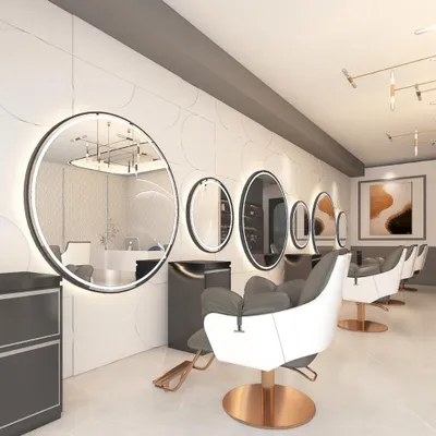 Produktbild von Friseur-, Barber- & Kosmetikkonsole mit rundem LED-Spiegel 120x120 cm, PRO, schwarz