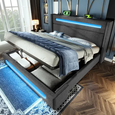 Immagine prodotto di Letto imbottito idraulico Flieks 180x200cm con USB & Type-C, letto per ragazzi letto matrimoniale con Led, letto contenitore letto a molle con rete a doghe, lino, grigio