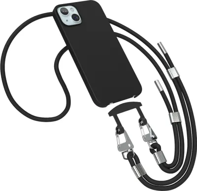 Produktbild von EAZY CASE - 2in1 Handyhülle mit Band kompatibel mit Apple iPhone 15 Plus, Silikonhülle zum Schutz, stoßfester Fallschutz, Umhängeband mit Hülle in Schwarz