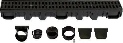 A black drainage channel system and its accessories are displayed against a white background.