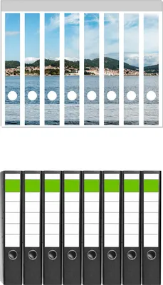 Produktbild von Wallario 8 Stück schmale Ordner inkl. Klebeetiketten mit Motive Stadt zwischen Bergen und Meer -  Set mit Rückenschildern / Ordnerrücken Stickern