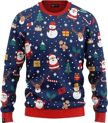 Produktbild von JAP Christmas Schneemann und Weihnachtsmann - Lustiger Hässlicher Weihnachtspullover Für Damen und Herren Ugly Christmas Sweater - Blau - 3XL